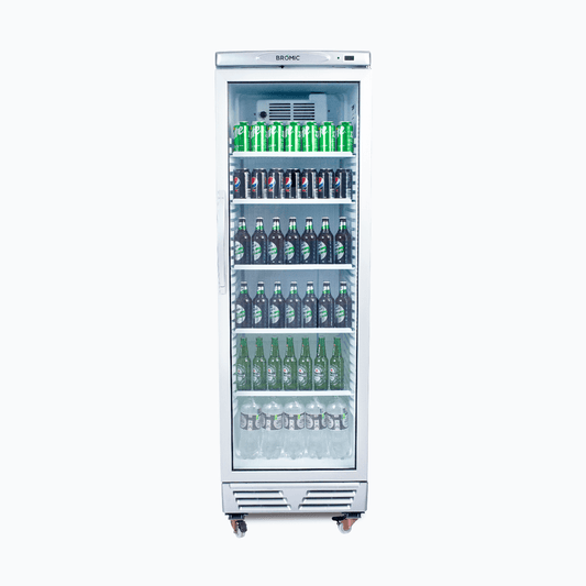 Bromic Upright Display Fridge - 372L - 1 Door - Flat Glass - White with Silver Trim